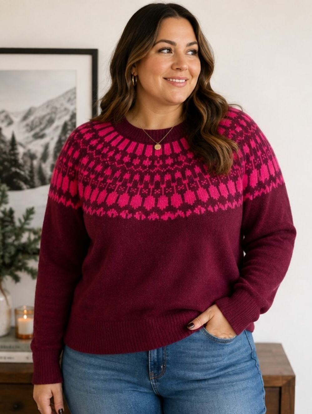 J.Crew Extra-Soft Pink Burgundy Fair Isle Nordic Sweater